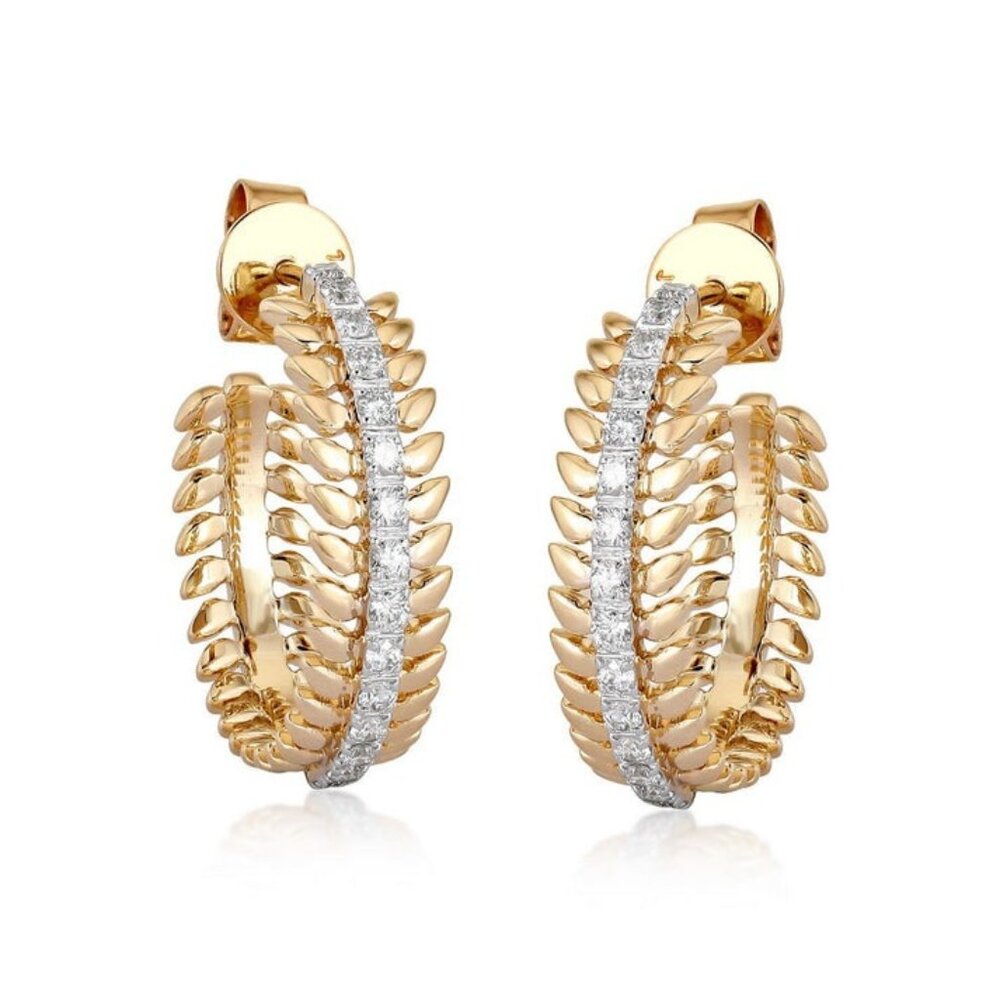 Leaf Link Diamond 14K (or 18k upon request) Yellow Gold Hoop Earrings